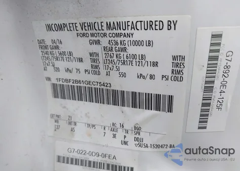 2016 Ford Super Duty F-250 Srw Xl z USA, uszkodzony, nr VIN 1FDBF2B61GEC75423